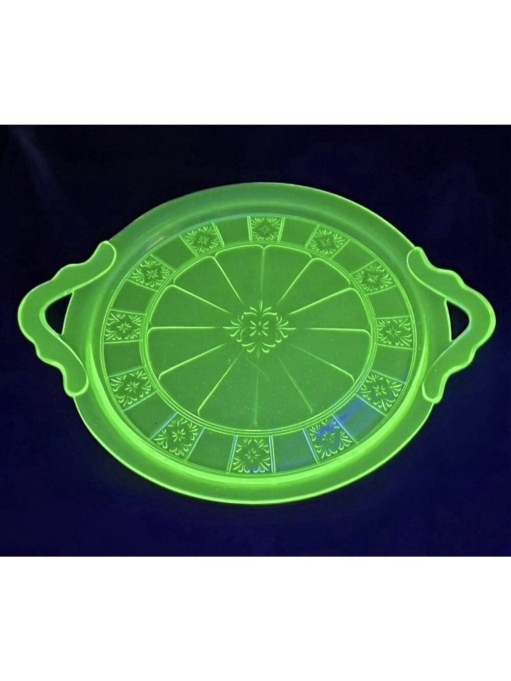 Jeannette Glass Doric Uranium Green Handled Tray 30s Depression Glass Cake Plate